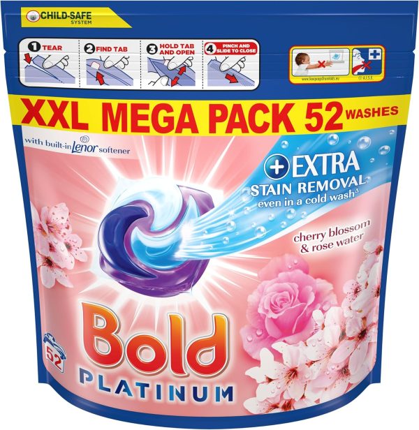 Bold Platinum PODS® Washing Liquid Laundry Detergent Capsules 104 Washes (52×2), Cherry Blossom & Rose Water, Extra Stain Femoval, With Built-In Lenor Softener