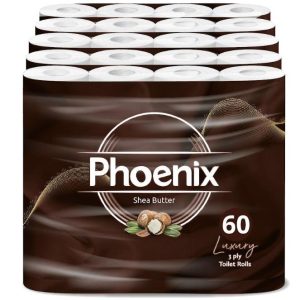 Phoenix Soft Shea Butter Fragranced Luxury Toilet Rolls Bulk Buy – Quilted White 3 Ply Toilet Paper (60 Pack)