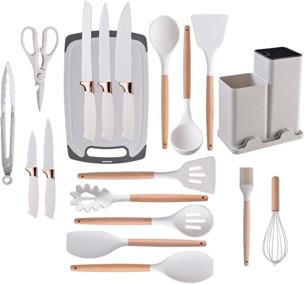 19 Piece Silicone Kitchenware Utensil Set Silicone Kitchen Utensils Set Heat Resistant Non-stick Cooking Tool with Wooden Handles Silicone Cookware Set BPA Free,19pcs