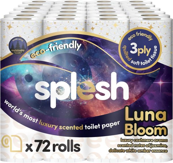 Splesh by Cusheen 3-ply Toilet Roll – Luna Bloom (72 Pack) Soft, Quilted Bulk Toilet Rolls, Toilet Tissue and Loo Rolls – Eco-Friendly Toilet Paper Sustainably Crafted in The UK