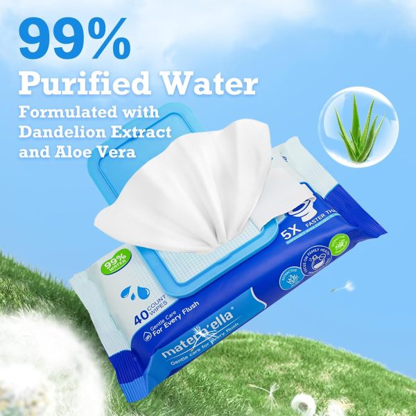 MATERN’ELLA Flushable Wipes, Unscented Adult Wet Wipes with Dandelion & Aloe Vera, Personal Cleansing Toilet Wipes 100% Plant Based Fibers Soft and Septic Sewer Safe 320 Wipes (8 Packs of 40) - Image 3