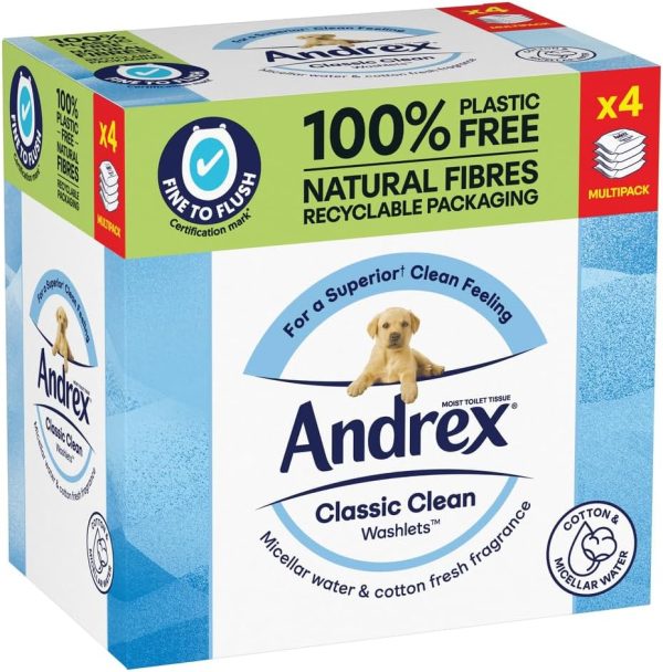 Andrex Classic Clean Washlets Moist Toilet Tissue Quad, 4 x 36 Wipes - Image 2