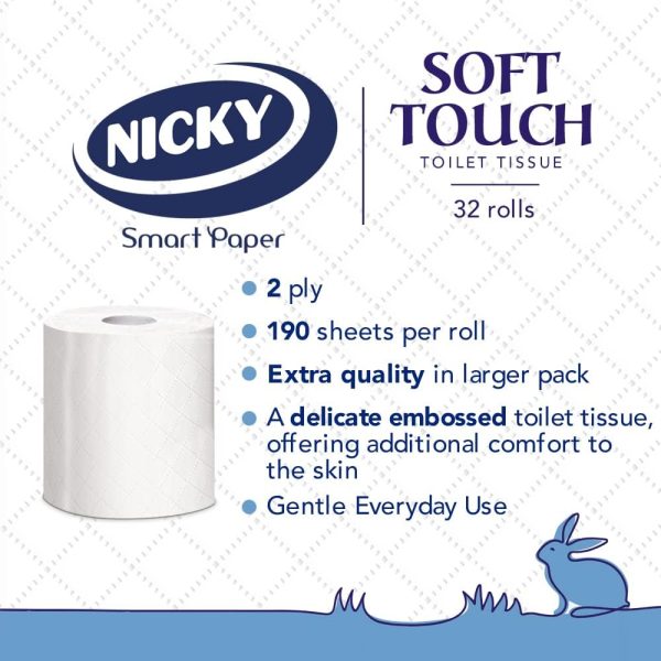 Nicky Soft Touch Toilet Tissue |Extra Value Pack – 32 Rolls of Extra Gentle White Toilet Paper |190 Sheets per Roll| 2-ply | Soft Tissue | Modern Embossing |Easy Opening | 100% FSC Certified Paper - Image 3