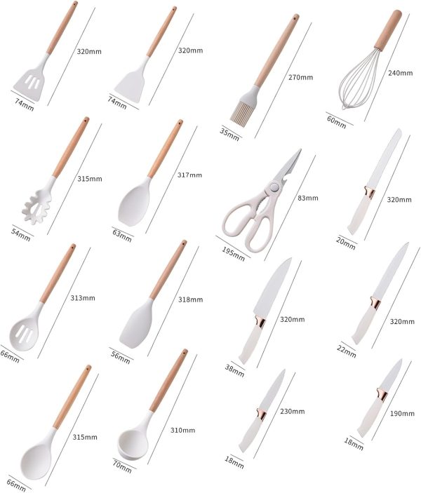 19 Piece Silicone Kitchenware Utensil Set Silicone Kitchen Utensils Set Heat Resistant Non-stick Cooking Tool with Wooden Handles Silicone Cookware Set BPA Free,19pcs - Image 4